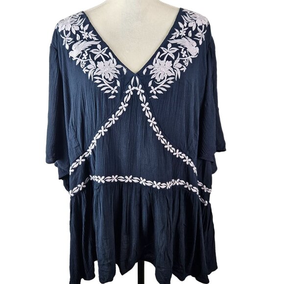 Knox Rose Womens 4X Navy Embroidered Peasant Top Short Flutter Sleeves Casual - Picture 2 of 11